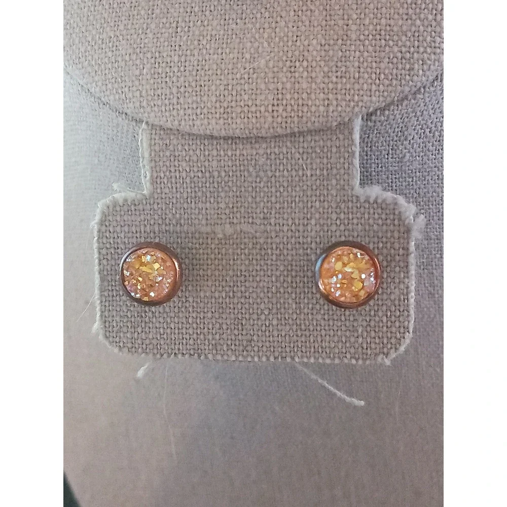 Rose Gold Tone Orange Druzy Style Round Stud Earrings Glitter Sparkle Cabochon